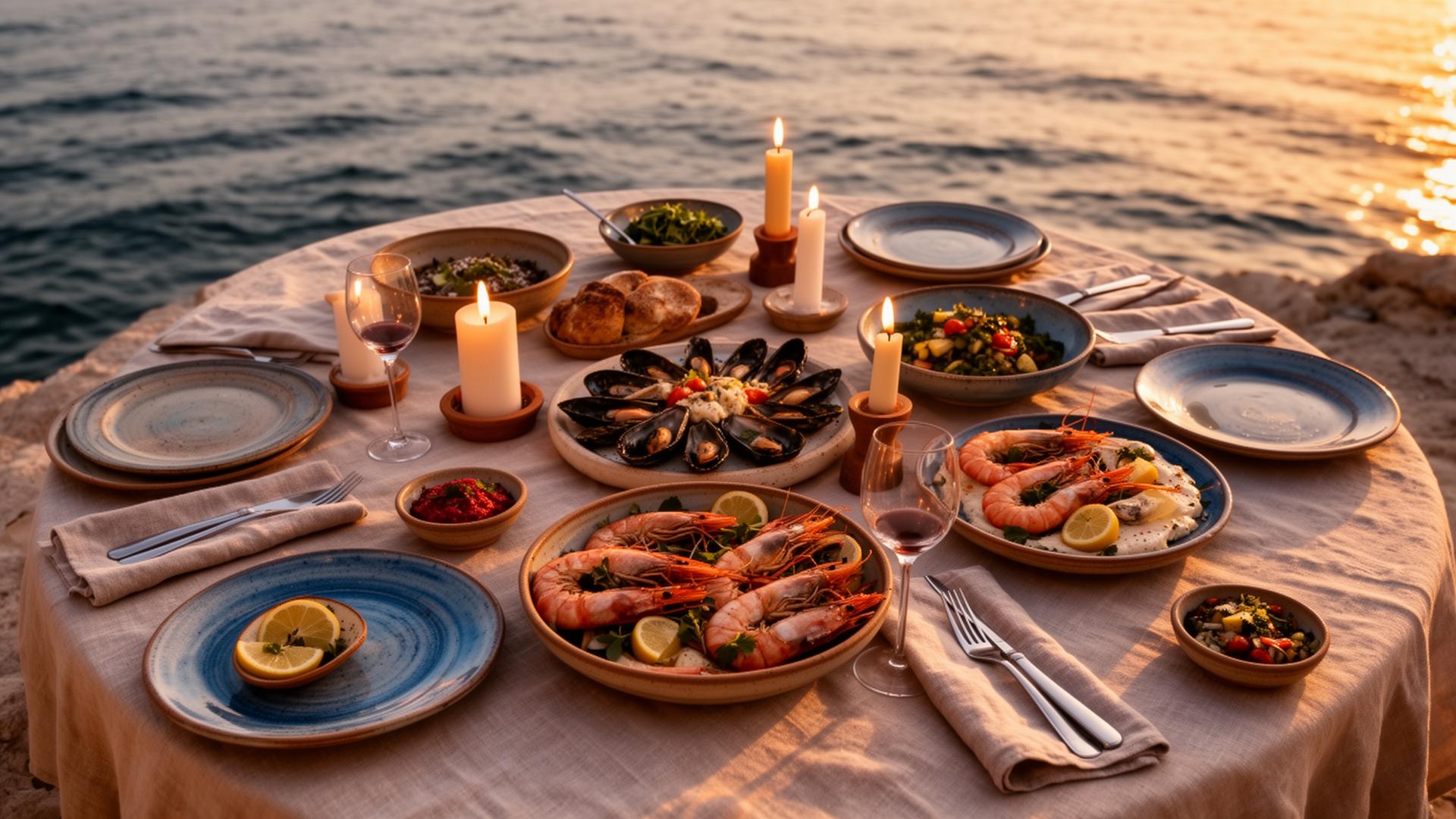 Mediterranean dinner table at sunset by the sea