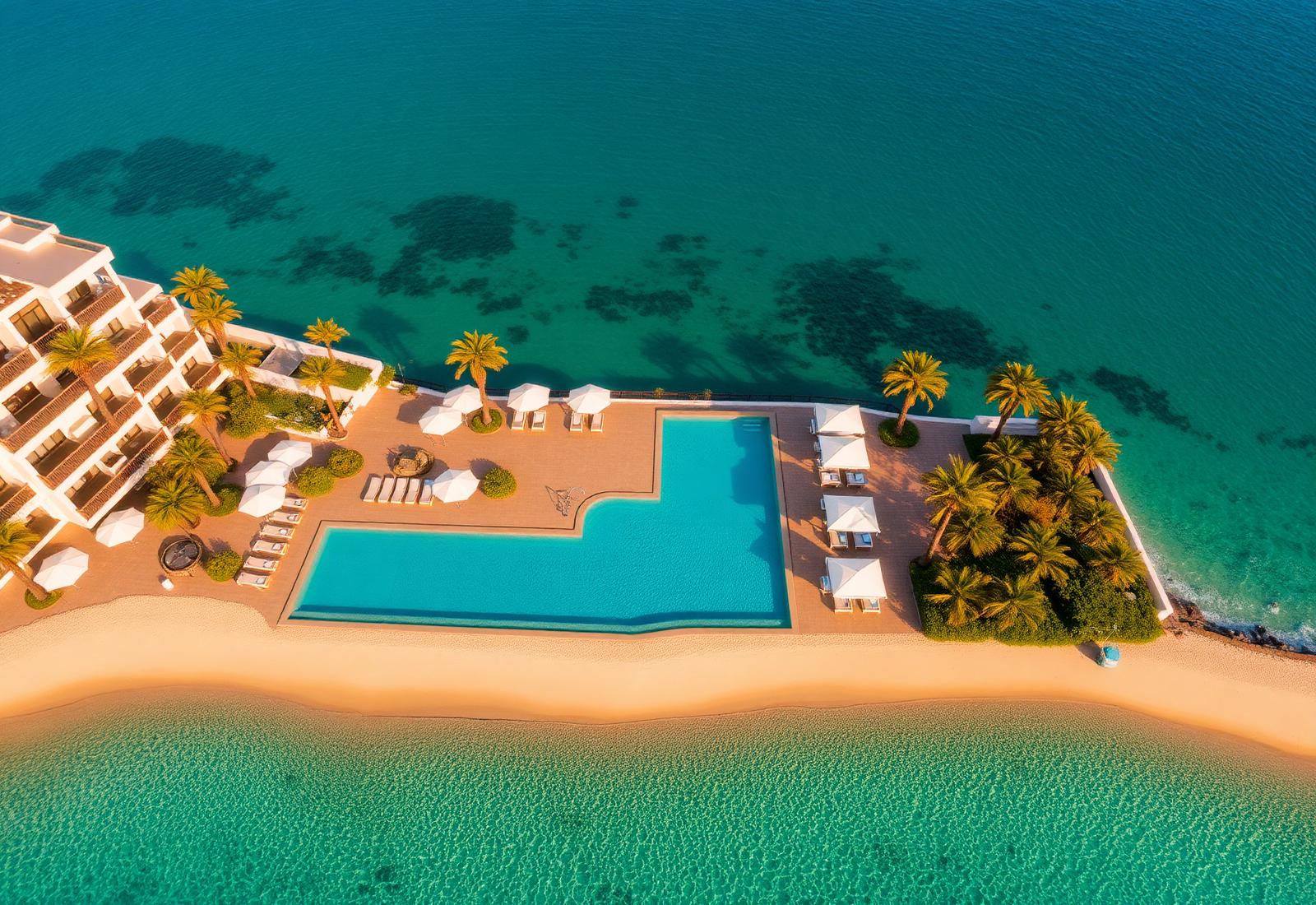 Aerial view of a Mediterranean beach resort with infinity pool